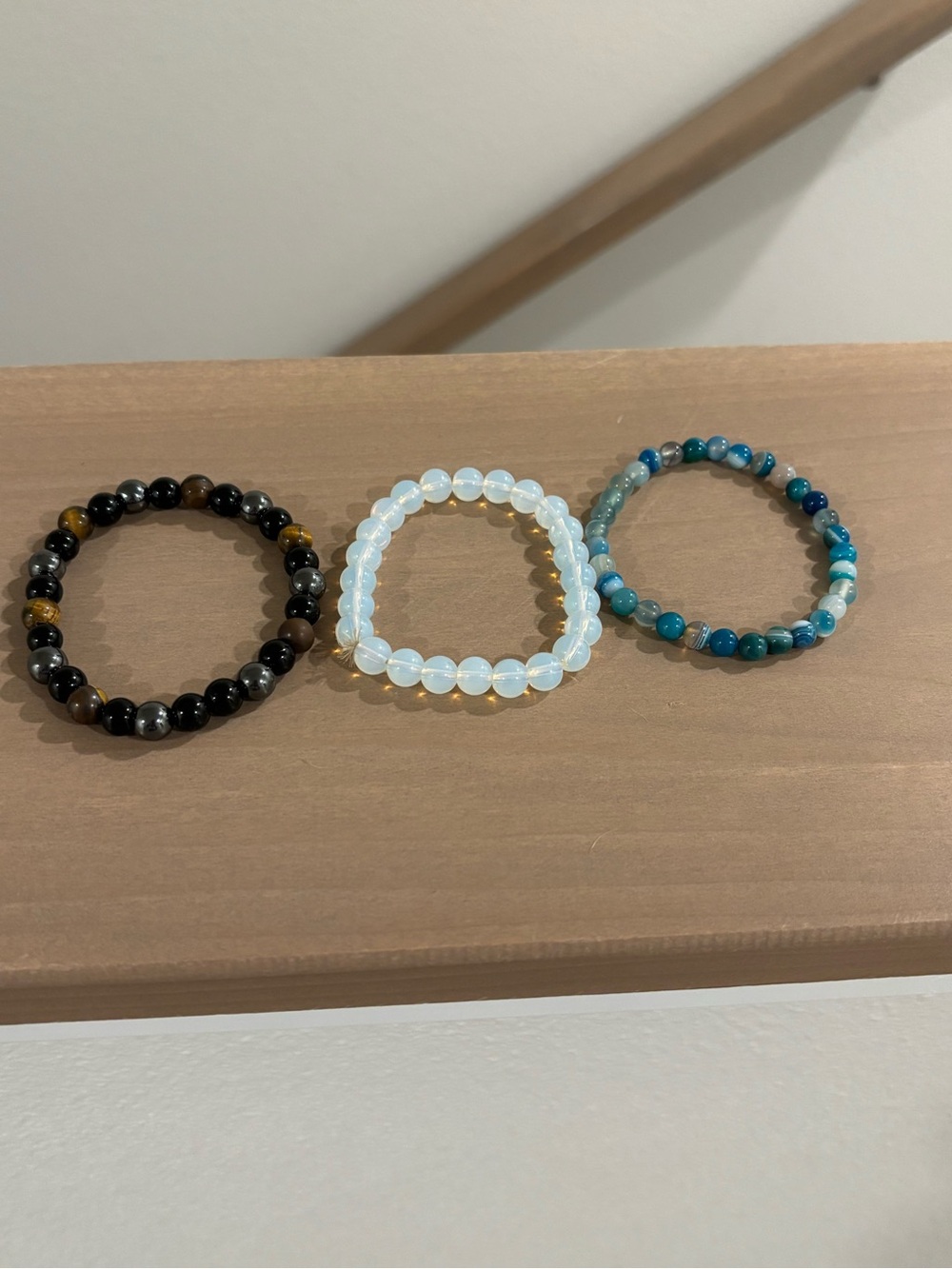 Three-Piece Men's Beaded Bracelet Set - Black, Opal White & Teal